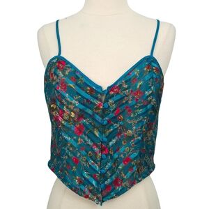 NWOT Victoria's Secret Vtg Blue Floral Satin Striped Lingerie Crop Cami Top